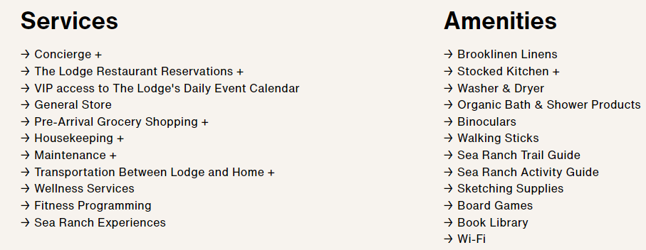 services and amenities list