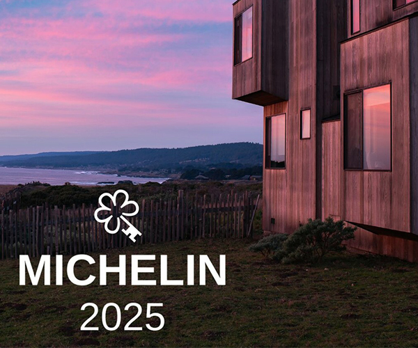 A view of the property at sunset